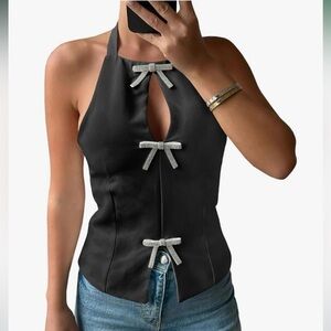 Halter Top with Rhinestone Bow Accents. Black. NWOT.